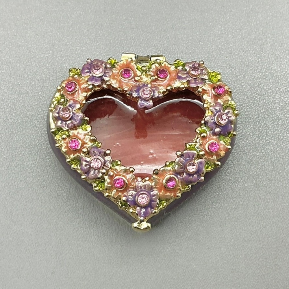 Monet Heart Trinket Box Pink Floral Enamel Rhinestone Gold Tone Hinged 1.5"
